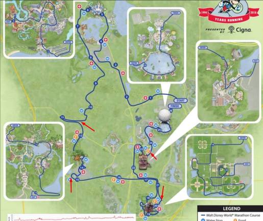 WDW marathon map with park insets and sweep points